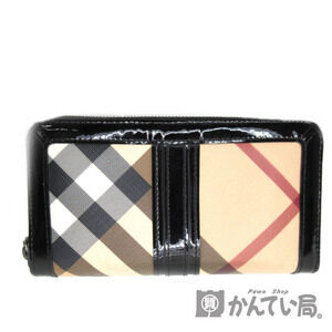 BURBERRY Round Zip Long Wallet Leather Black Beige